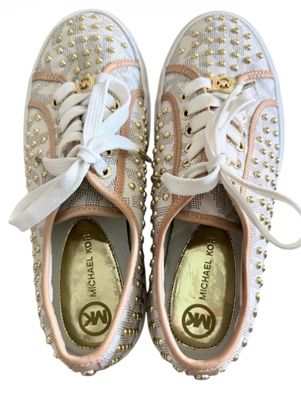 Michael Kors Medici women’s 8M studded lace up leather white & tan logo sneaker
